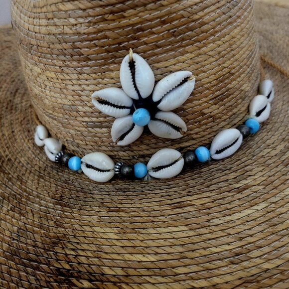 Sahuayo Palm Straw Cowboy Hat Shell Bead Band Mexico Size 7 1/8 - Picture 5 of 11